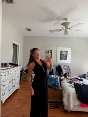 Vintage Cache Black Halter Evening Dress with Silver Accent